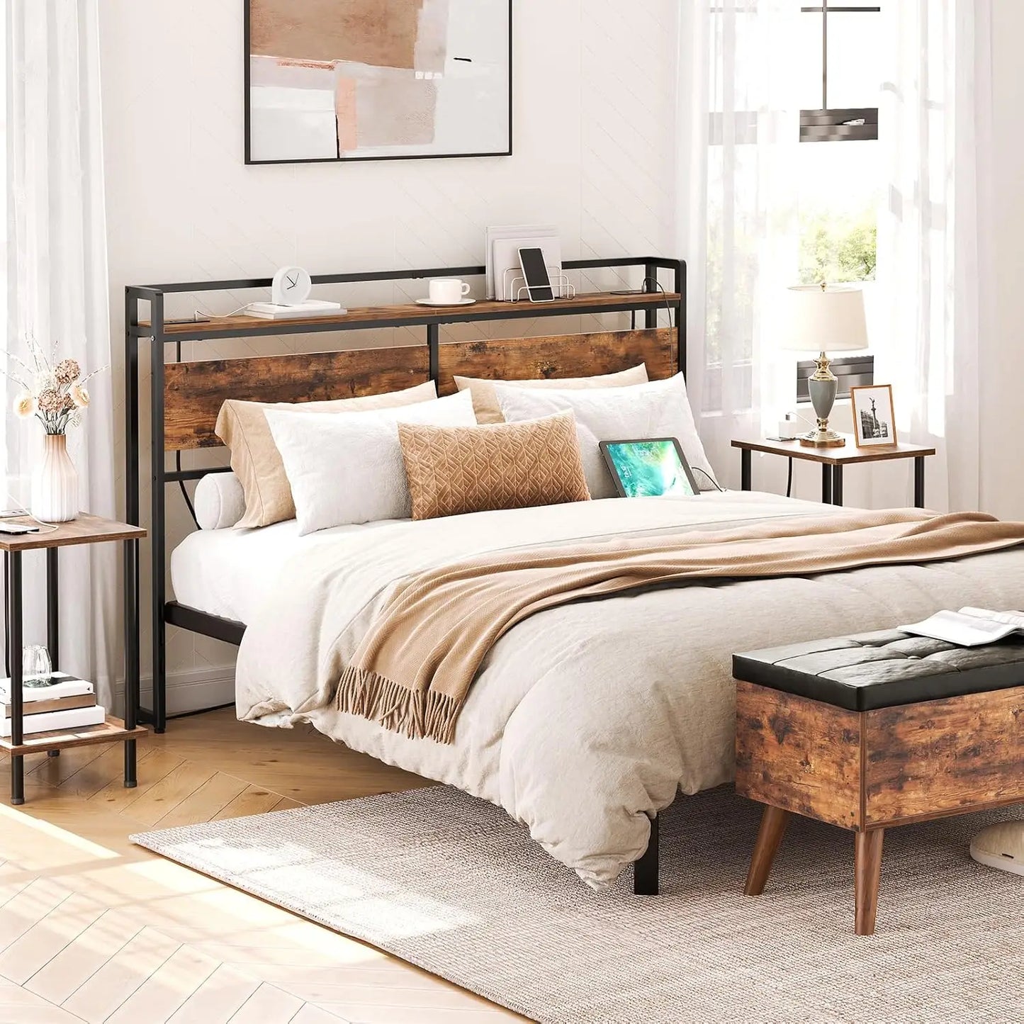 Headboard With Outlets And USB Ports Adjustable Height Storage Shelf