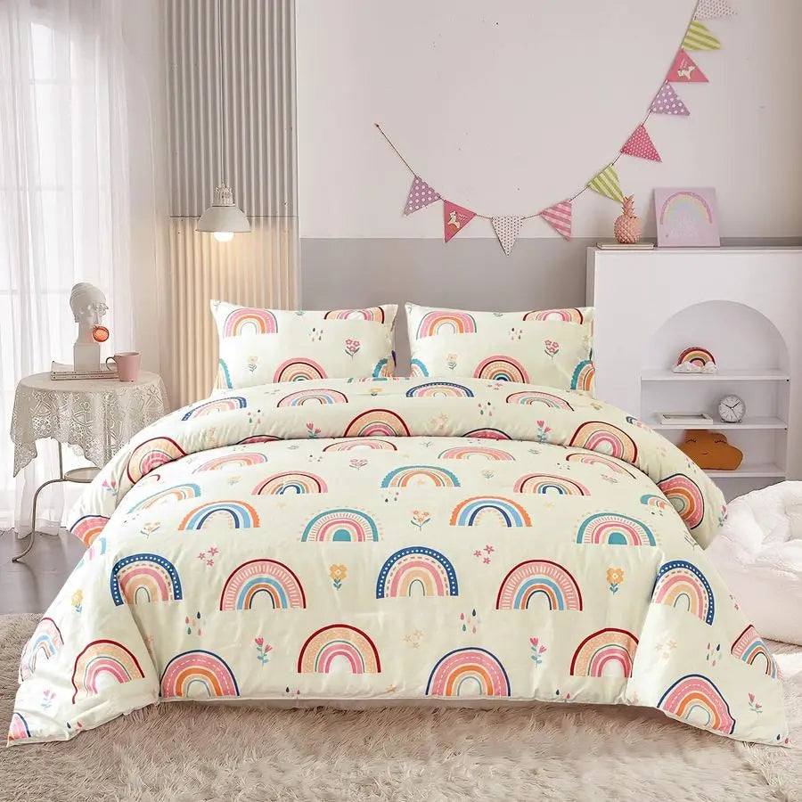 Lightweight Rainbow Comforter Set 3 Piece With 2 Pillow Covers For Girls