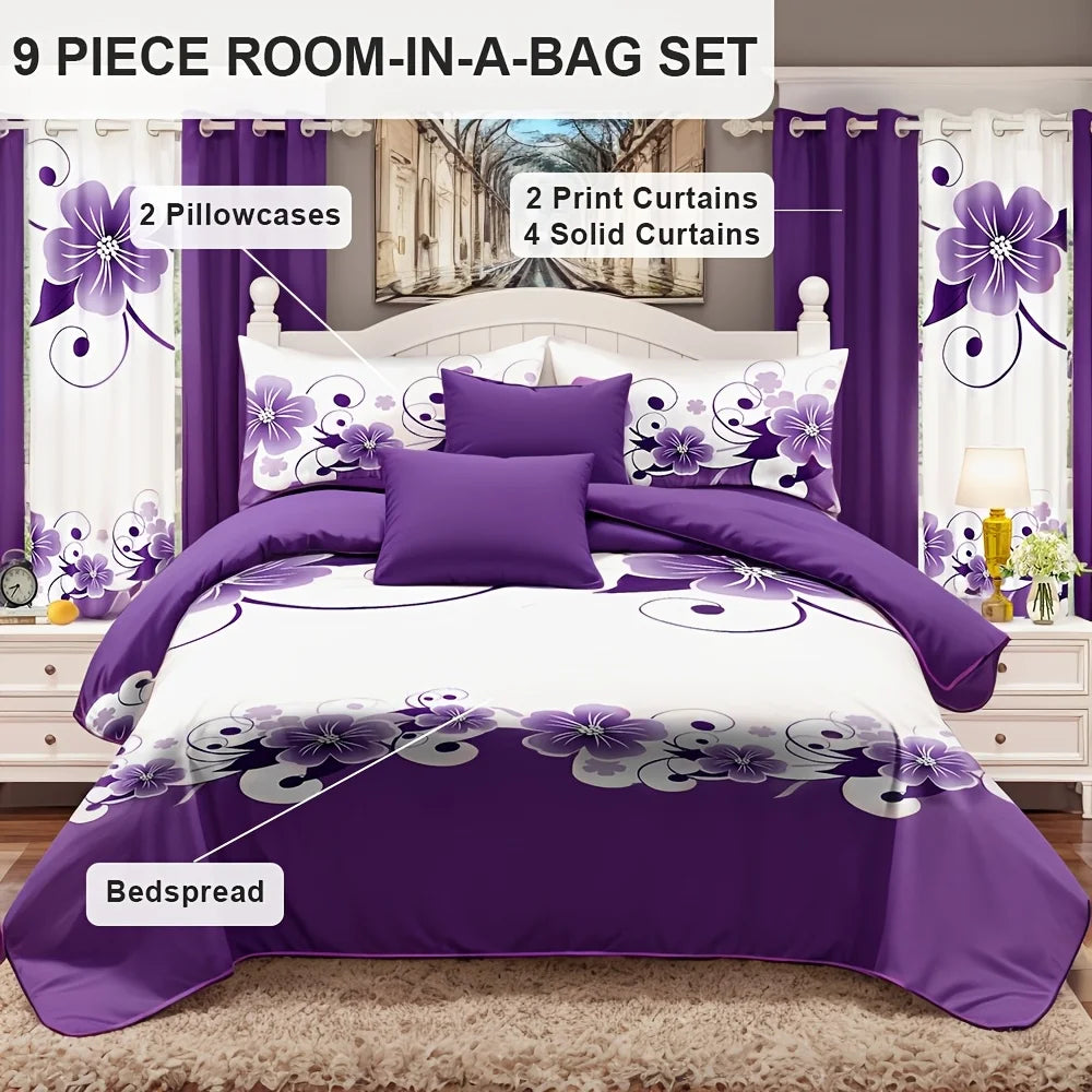 9 Piece Bed Cover Curtain Set All Season Microfiber Bedding