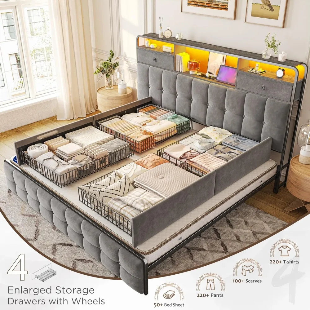 King Size Bed Frame with Upholstered Headboard and 6 Storage Drawers, Bed Frame with LED Lights and Charging Station