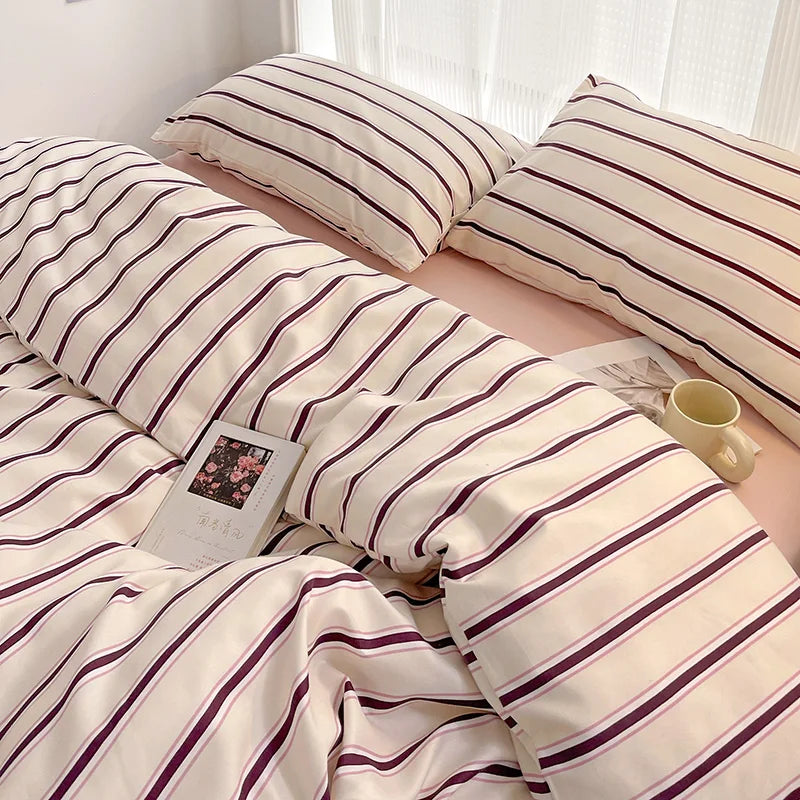 Simple Striped Duvet Cover Four Piece Washed Cotton Sheet Set