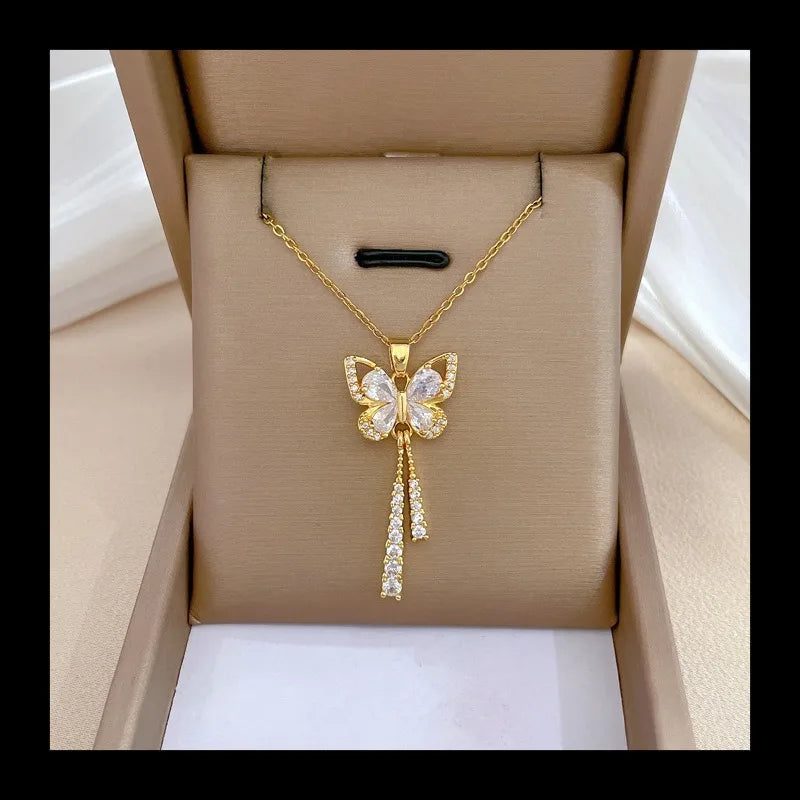 NONECN Zircon Moon Butterfly Necklace Collarbone Chain