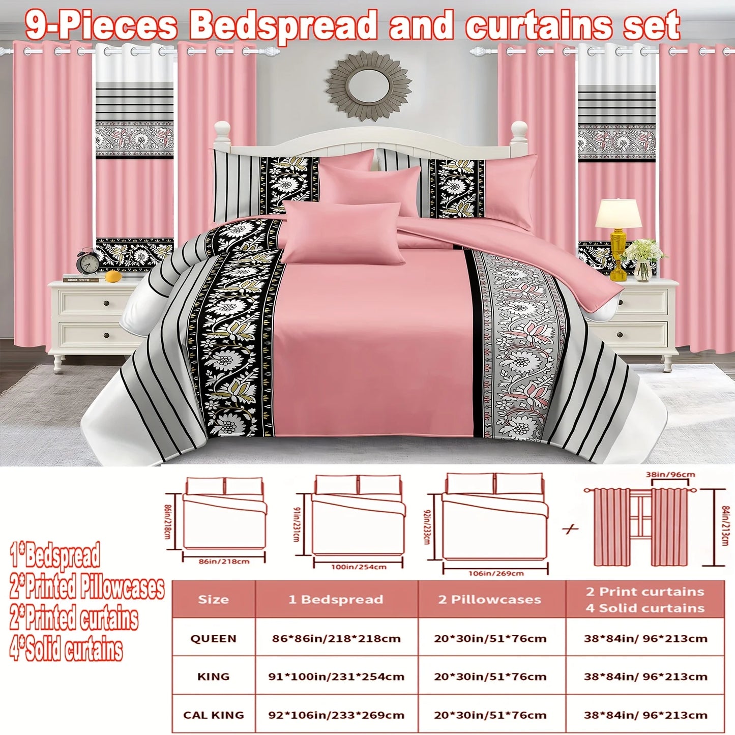 9 Piece Bedspread And Curtain Set With Patterned Bedspread And Pillowcases