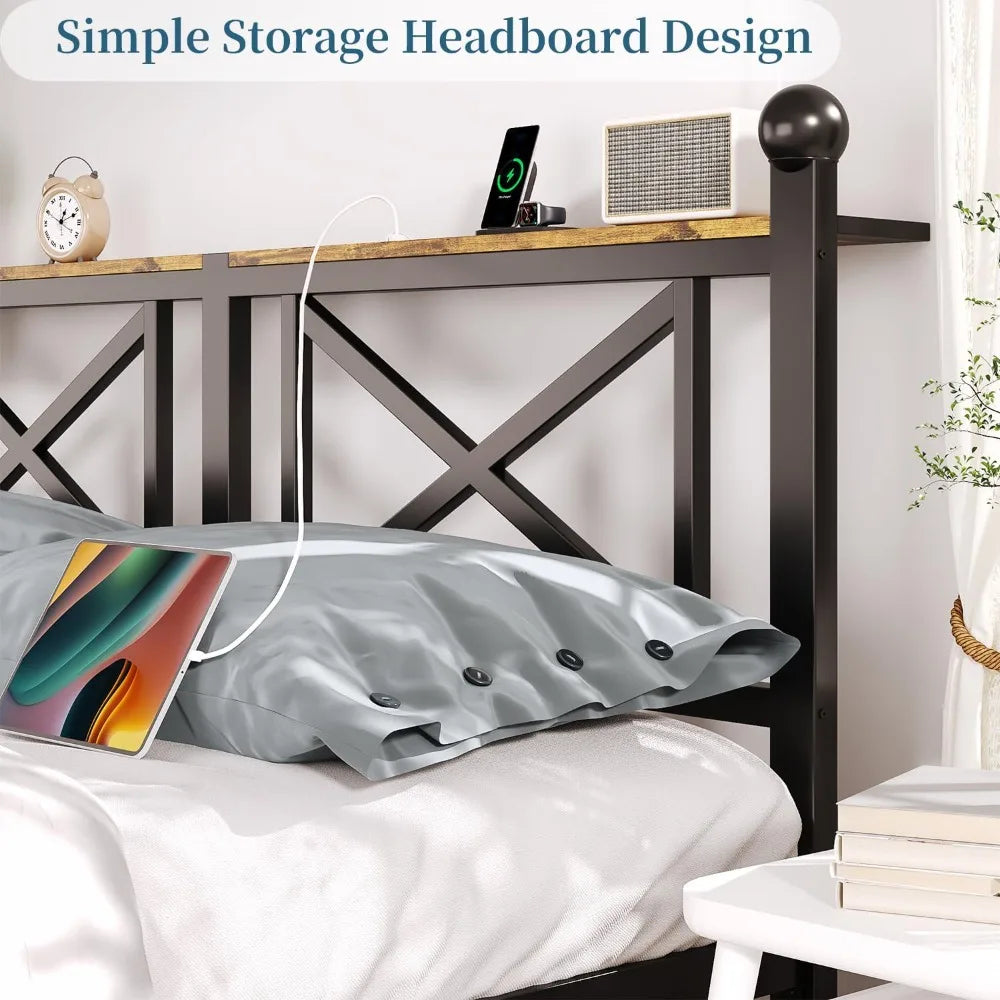 Sturdy Metal Bed Frame With LED Lighting And Charging Station