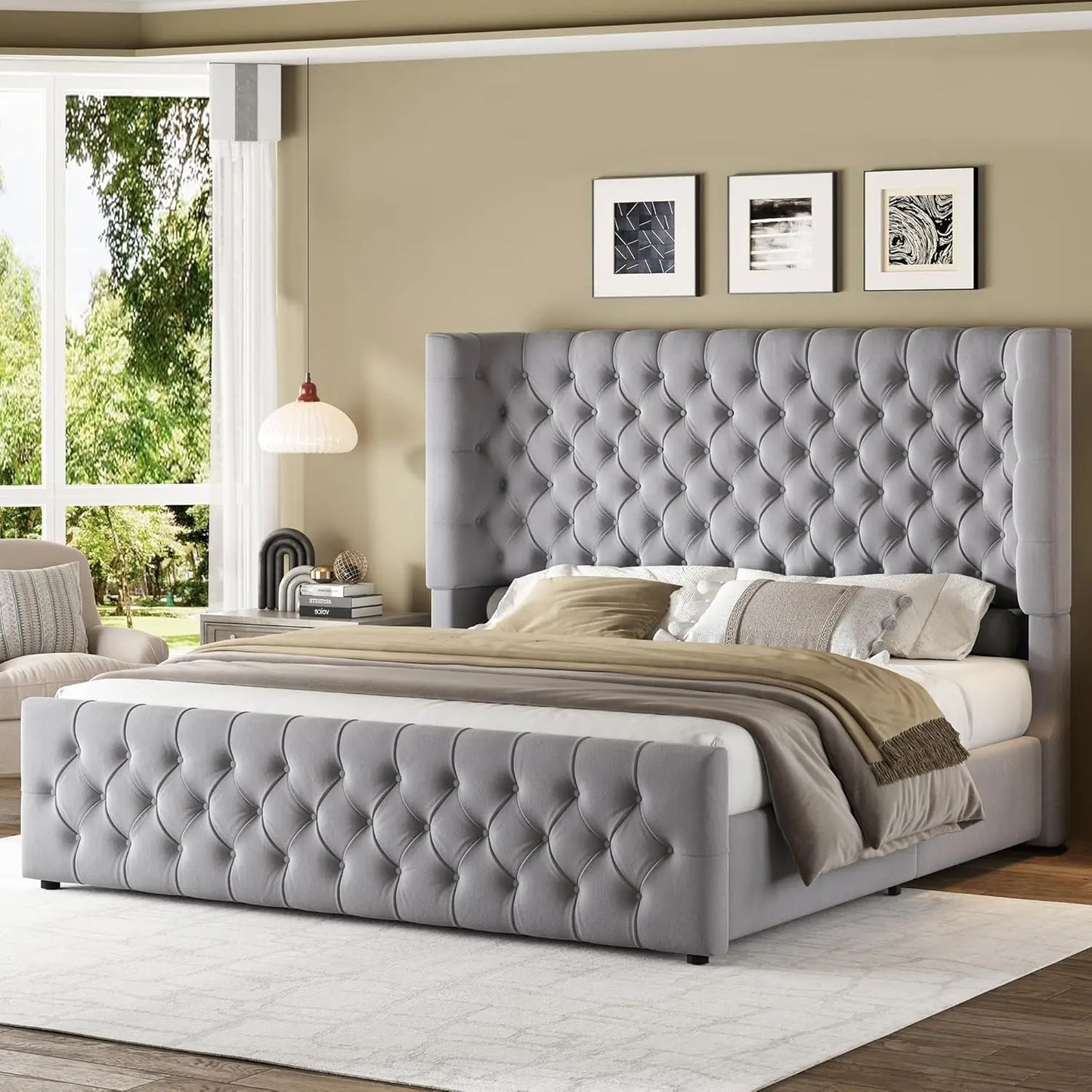 Platform Bed Frame With Upholstered Wingback Headboard Footboard Tufted