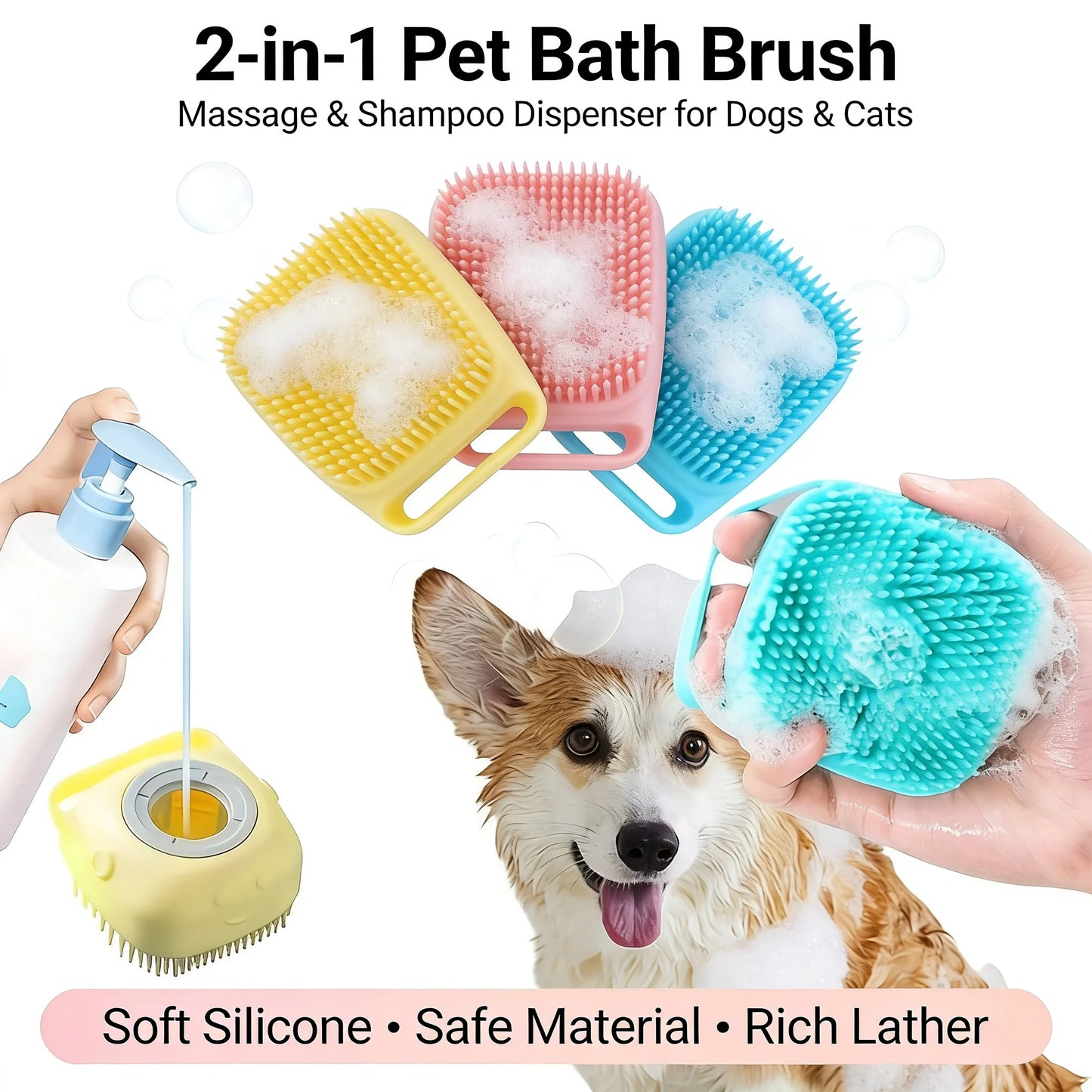 2-In-1 Pet Bath and Massage Brush Silicone Shampoo Storage
