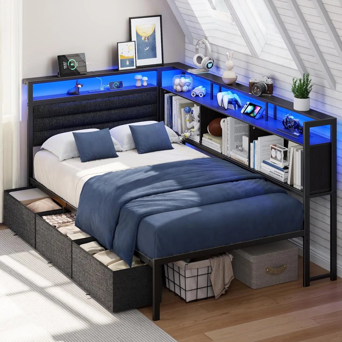 Corner Bed Frame With Storage Bookcase And LED Lights Headboard Charging Station