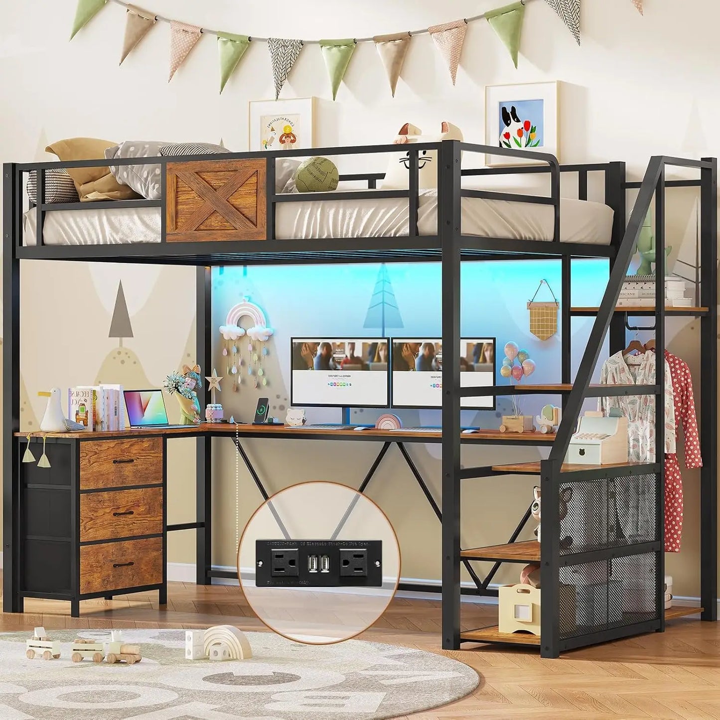 Loft Bed With L Shaped Desk And Wardrobe Metal Frame With Storage Stairs
