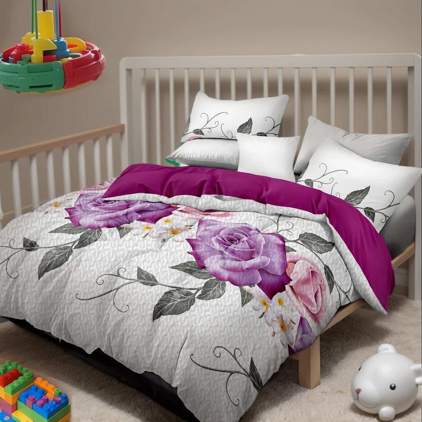 Nine Piece Polyester Bedding Set With Curtains And Pillowcases