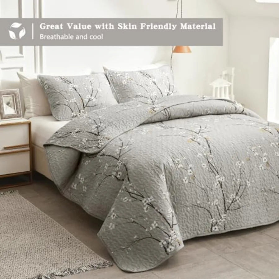 Three Piece Reversible Quilt Set 100 Percent Cotton Floral Branch Pattern