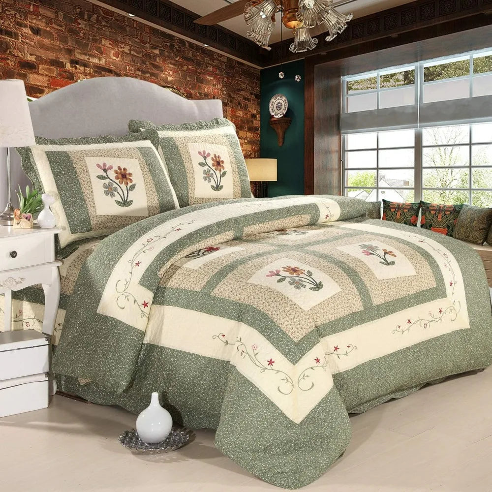Embroidered Floral Quilted Bedspread Quilt Set 100 Percent Cotton