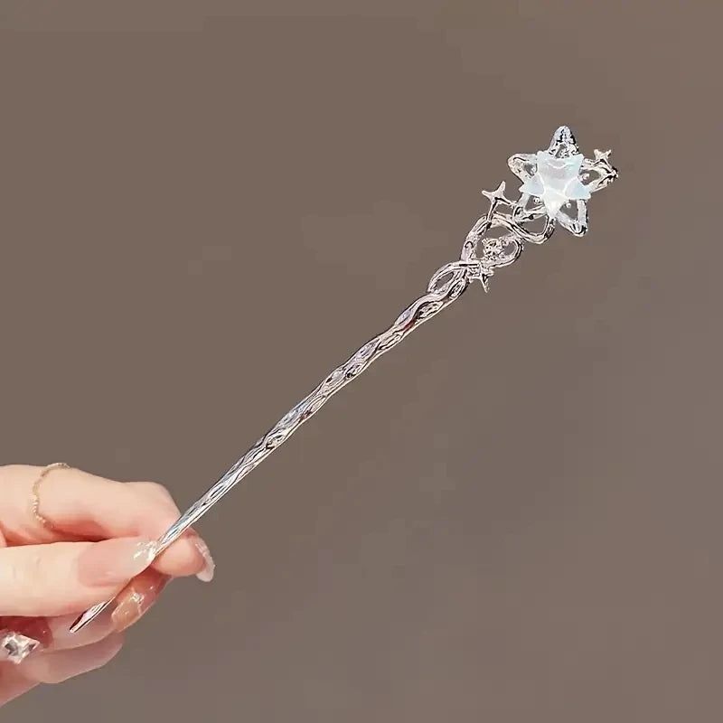1/2pcs Romantic Moonstone Star and Moon Hair Sticks Chinese Style Cross Tassel Hairpin with Disk Design Elegant Hair Chopsticks