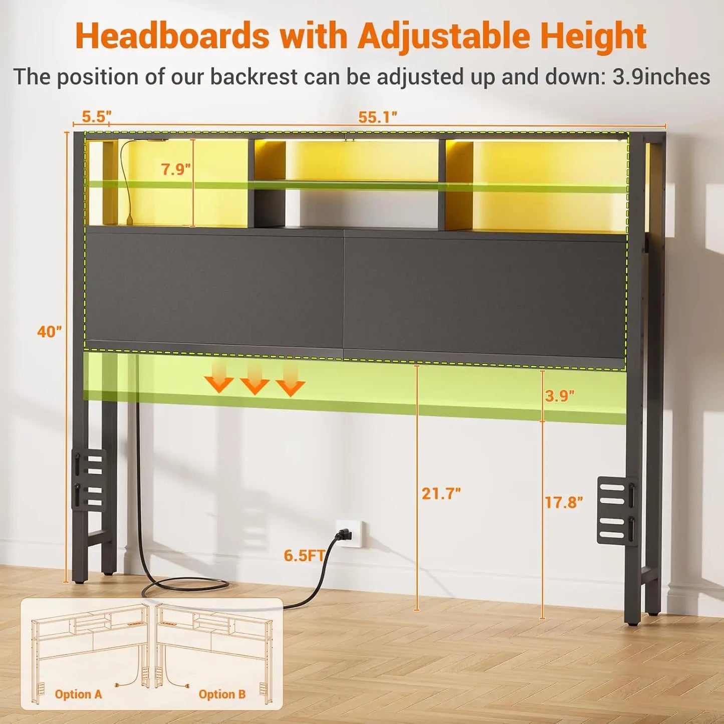Bed Headboard With Storage Outlets USB LED Light Adjustable Height