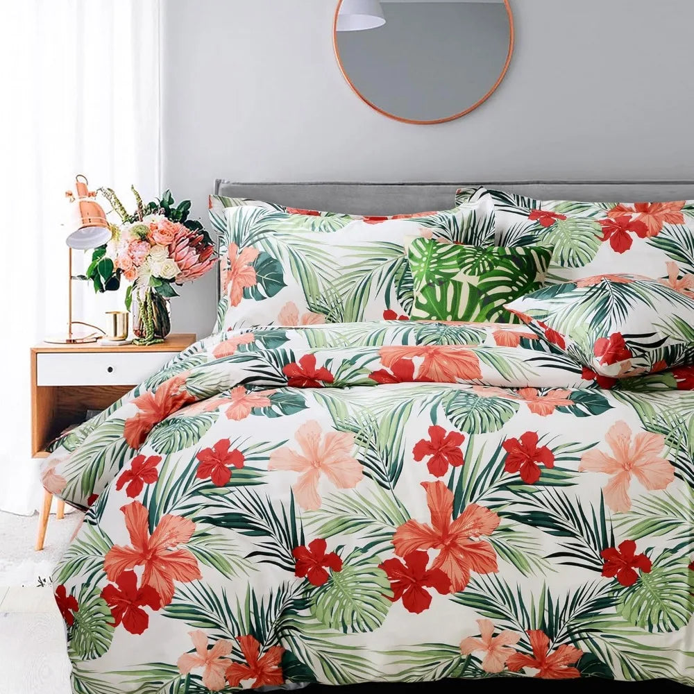 Tropical Hibiscus Duvet Cover Set 100 Cotton With Hidden Zipper