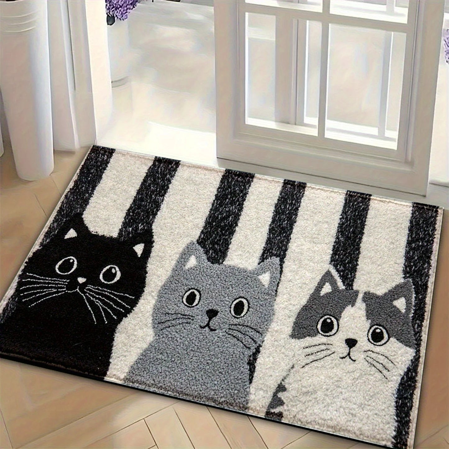 Striped Cartoon Cat Doormat Waterproof Floor Mat for Bedroom and Living Room