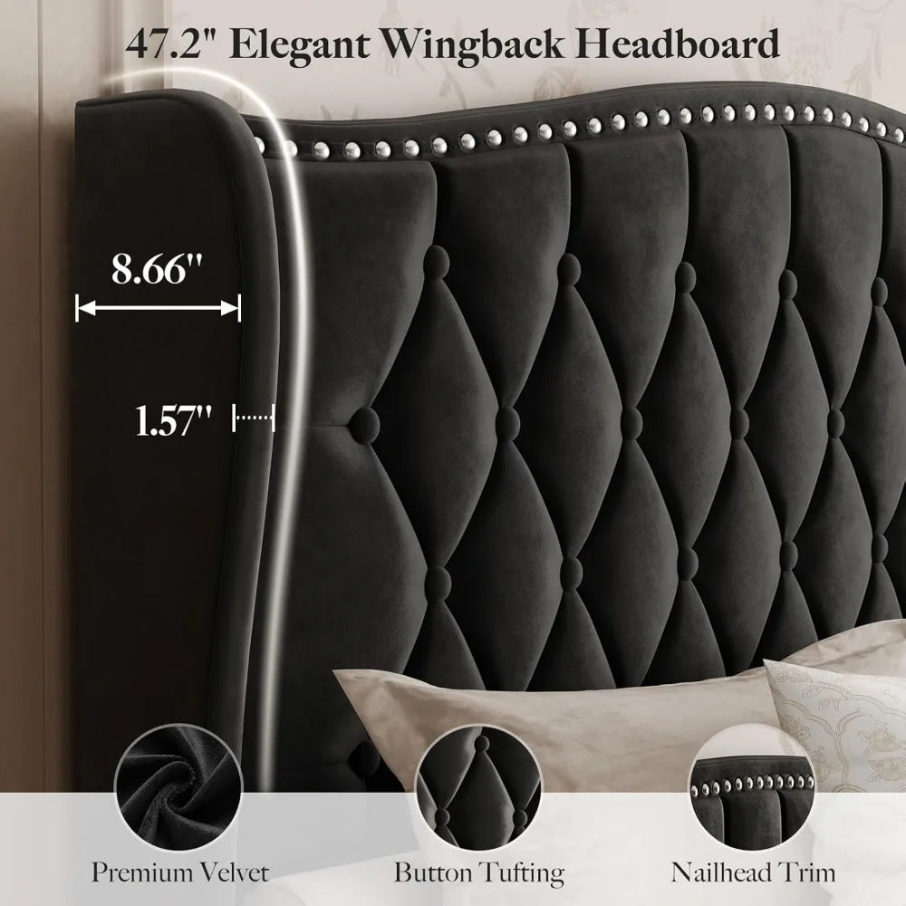 Bed Frame With Upholstered Velvet Headboard Wingback And Nailhead Trim