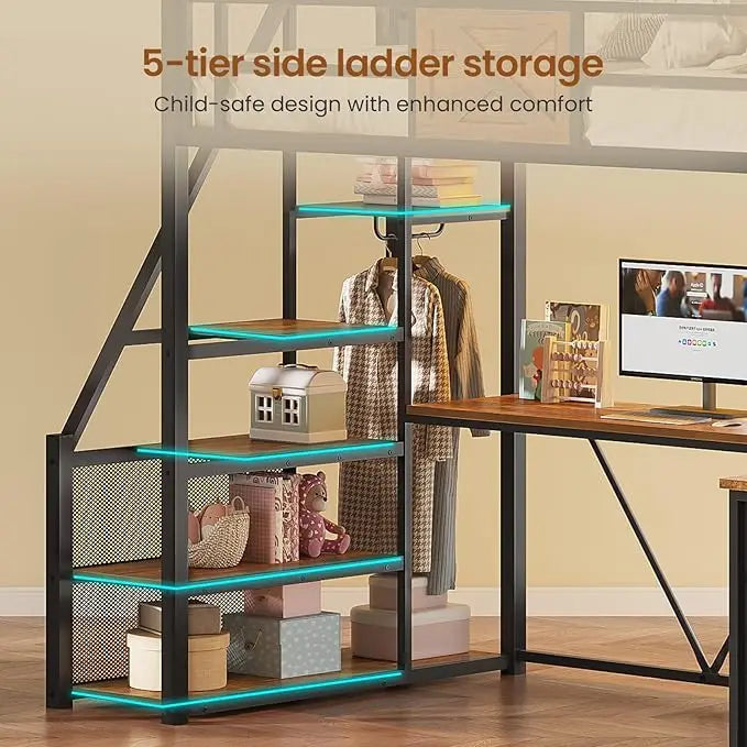 Loft Bed With L Shaped Desk And Wardrobe Metal Frame With Storage Stairs