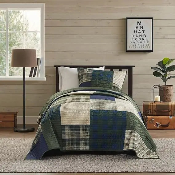 Patchwork Quilt Set With Channel Quilting 100 Percent Cotton Coverlet