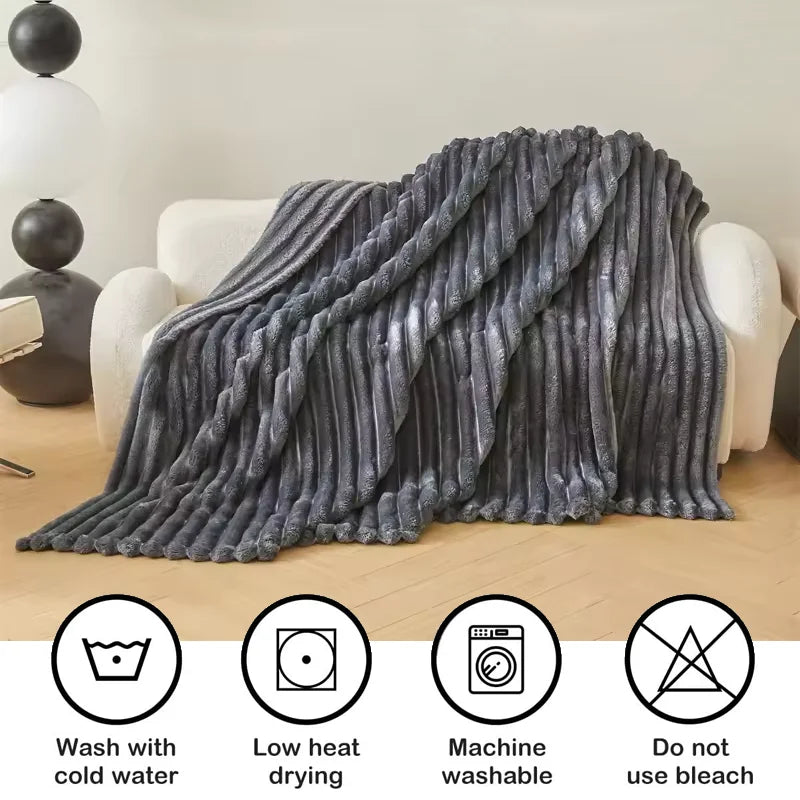 1pc Throw Blanket for Bed - 250GSM Soft & Warm Fluffy Blanket, Decorative Striped Blankets for Winter  Nap / Sleep