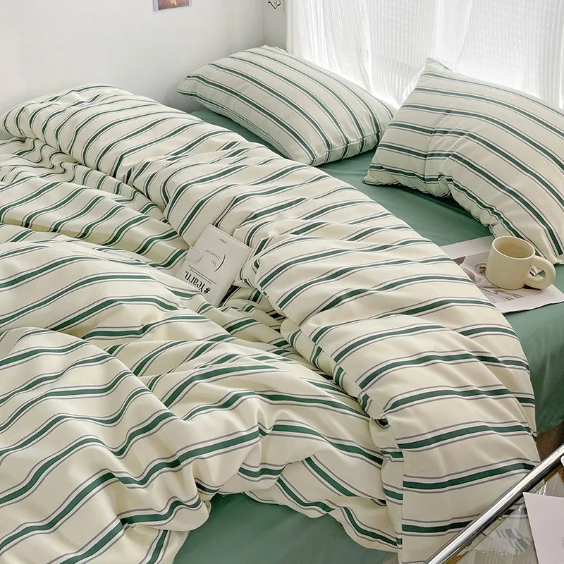 Simple Striped Duvet Cover Four Piece Washed Cotton Sheet Set
