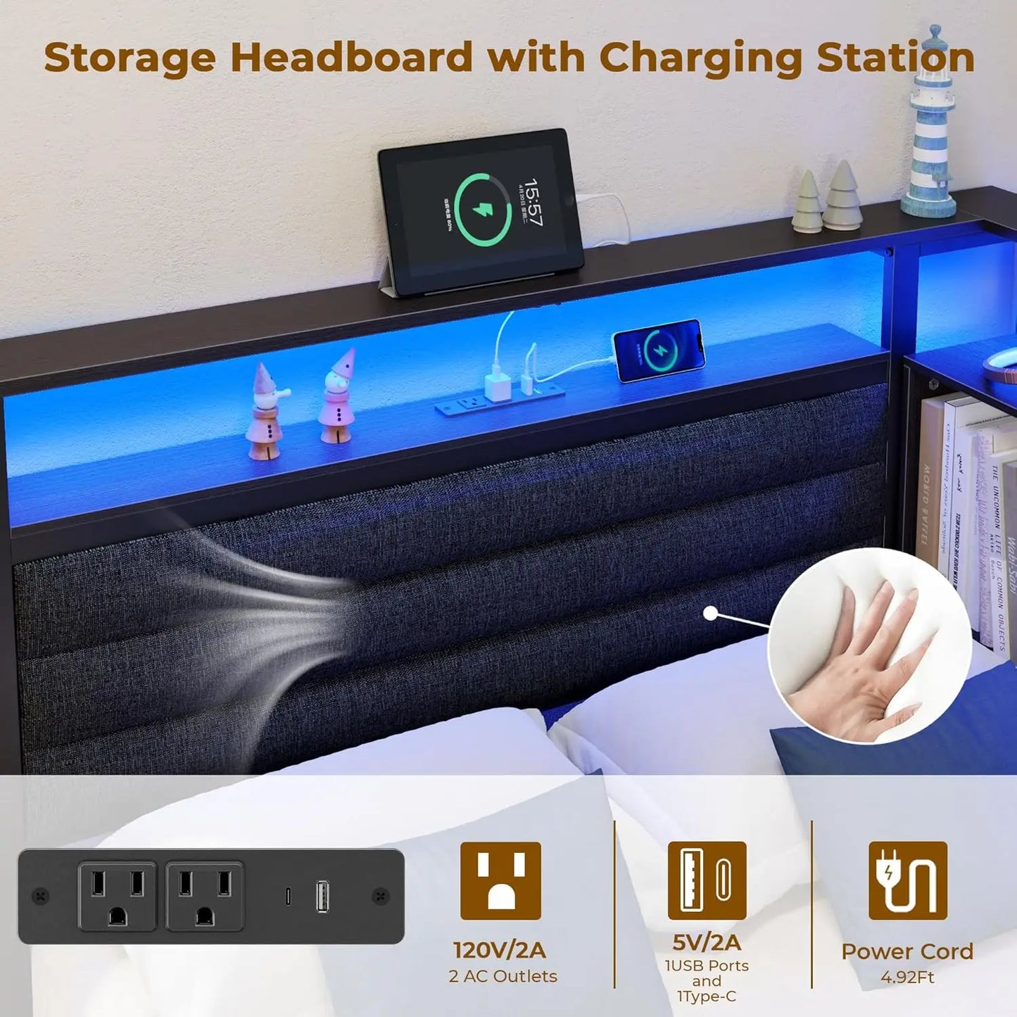 Corner Bed Frame With Storage Bookcase And LED Lights Headboard Charging Station