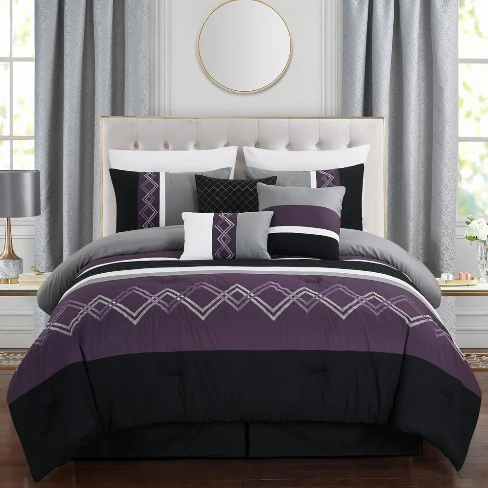 7 Piece Modern Pleated Stripe Embroidered Zigzag Bedding Comforter Set