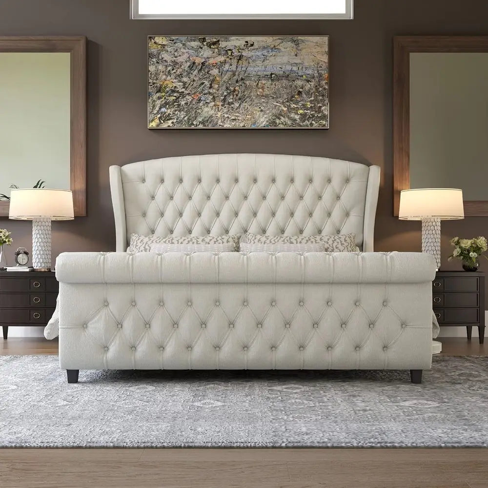 Chenille Upholstered Sleigh Bed With Scroll Wingback Headboard Footboard Tufted