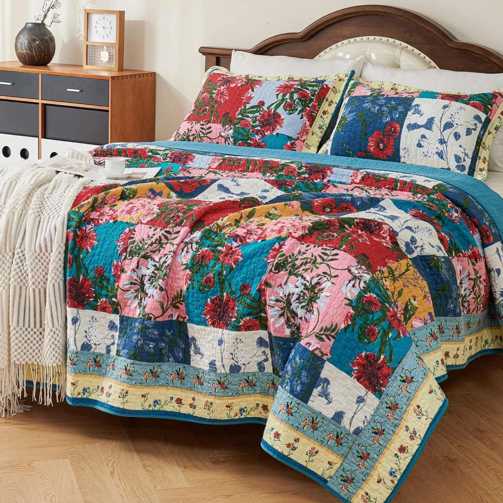 100% Cotton Patchwork Quilt Queen Size Set Lightweight Floral Queen Quilts Bedding Set Bedspread Coverlet Reversible Bed