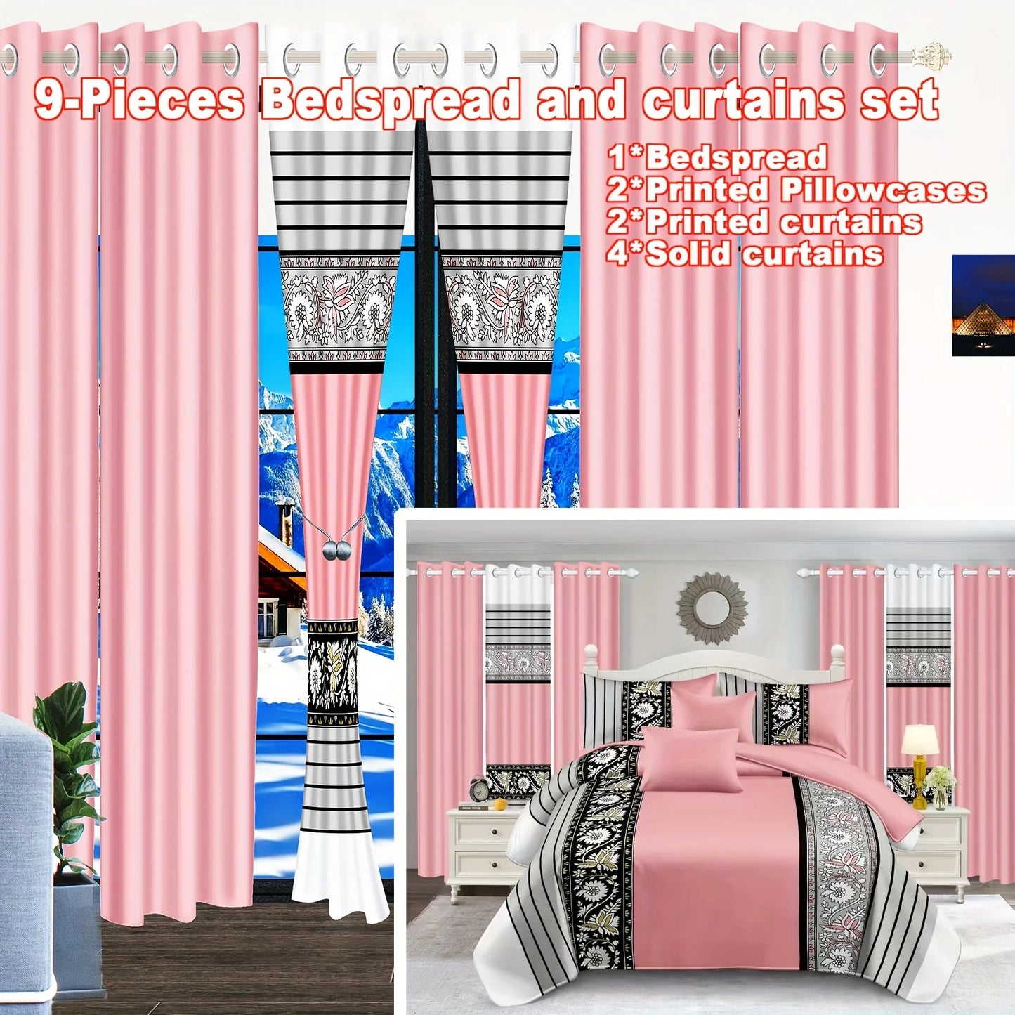9 Piece Bedspread And Curtain Set With Patterned Bedspread And Pillowcases