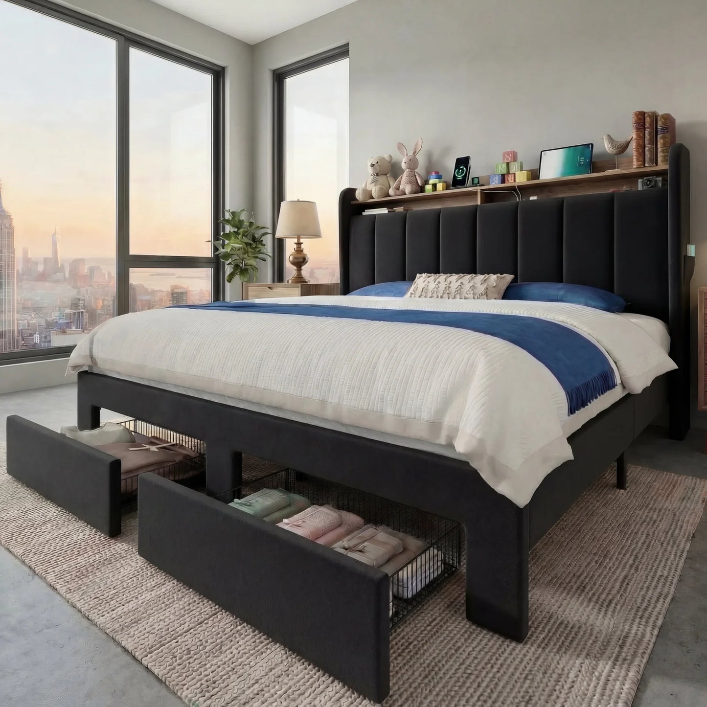 HOOMIC Bed Frame With Storage Drawers and LED Charging Station
