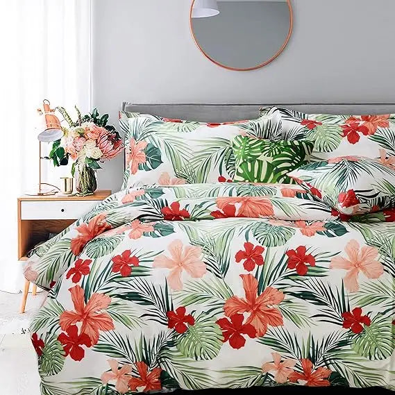 Tropical Hibiscus Duvet Cover Set 100 Cotton With Hidden Zipper