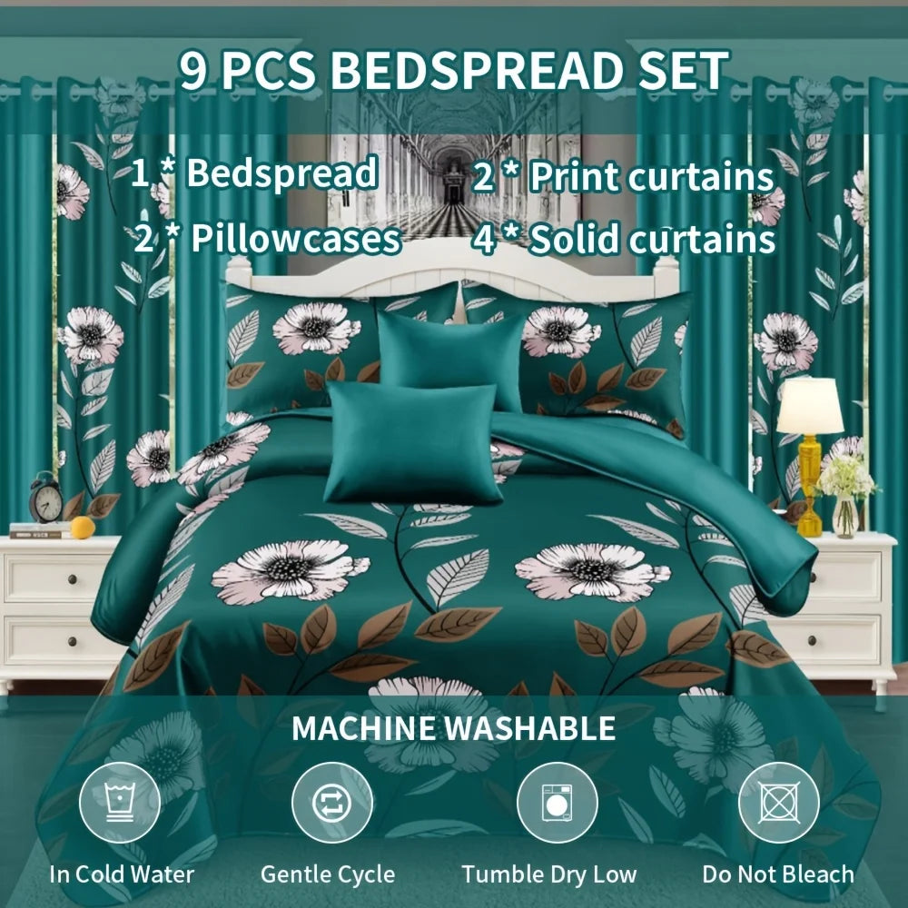 9 Piece Bedding Set With Bedspread Pillowcases and Curtains Polyester
