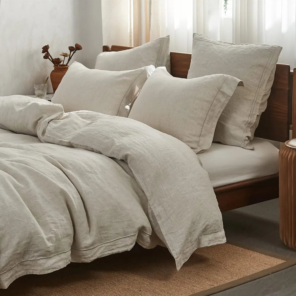 Linen Duvet Cover Set Embroidered Washed With Button Closure