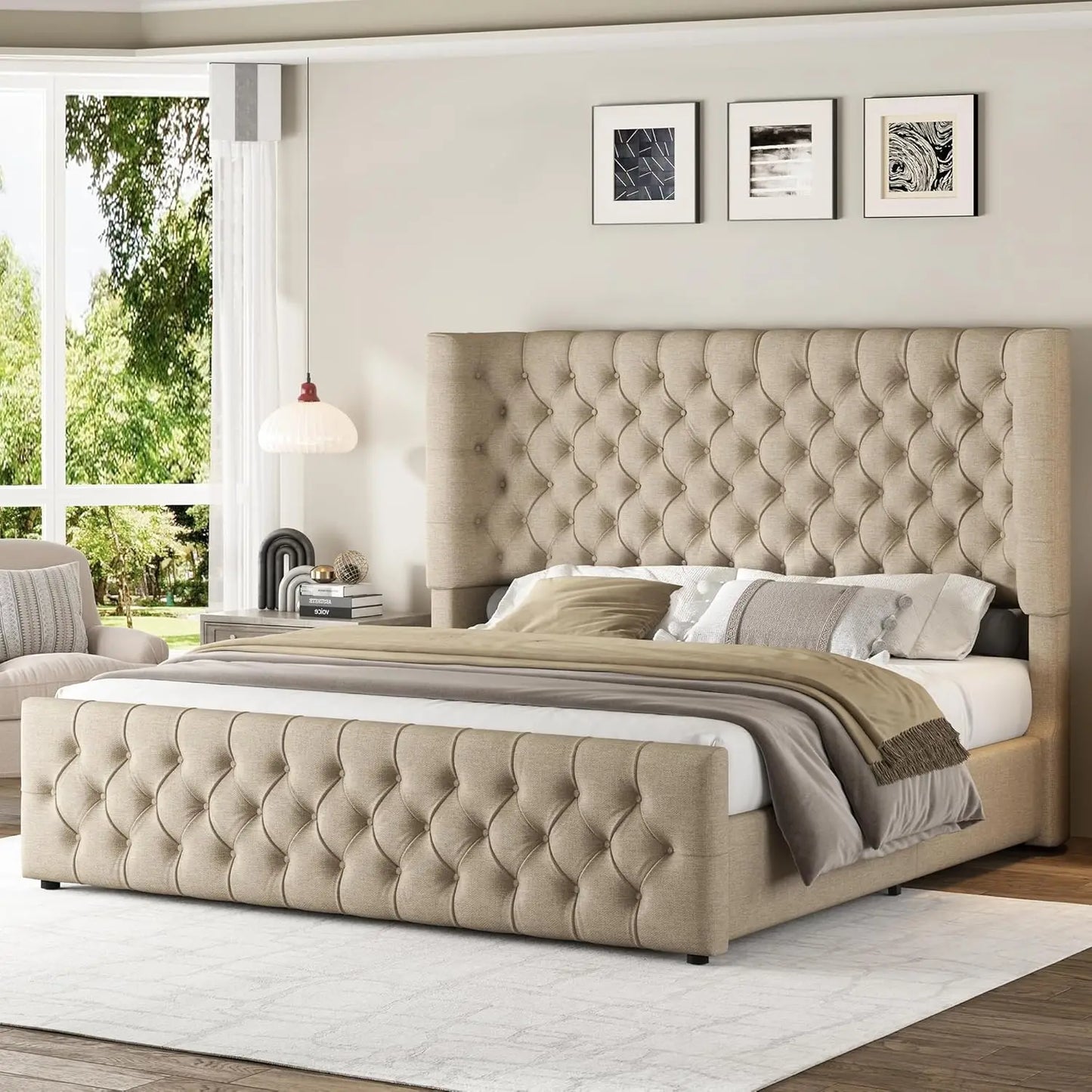 Platform Bed Frame With Upholstered Wingback Headboard Footboard Tufted