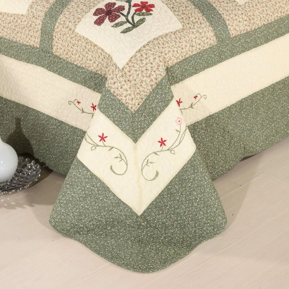Embroidered Floral Quilted Bedspread Quilt Set 100 Percent Cotton