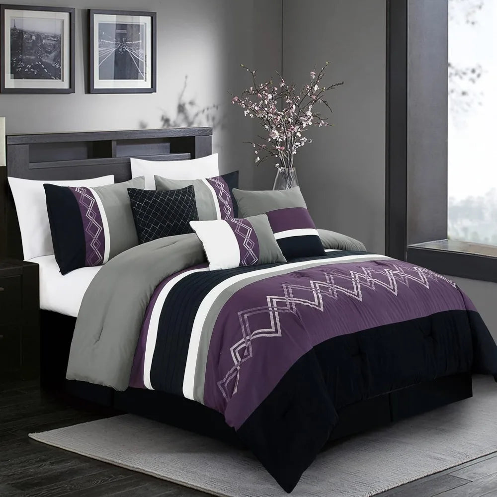 7 Piece Modern Pleated Stripe Embroidered Zigzag Bedding Comforter Set
