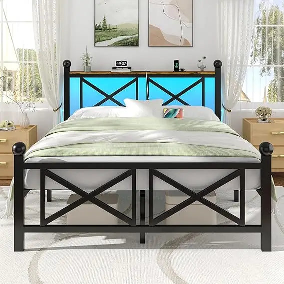 Sturdy Metal Bed Frame With LED Lighting And Charging Station