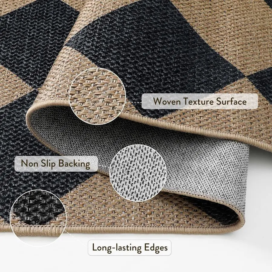 Checkered Jute Outdoor Rug For Patio And Entryway Washable