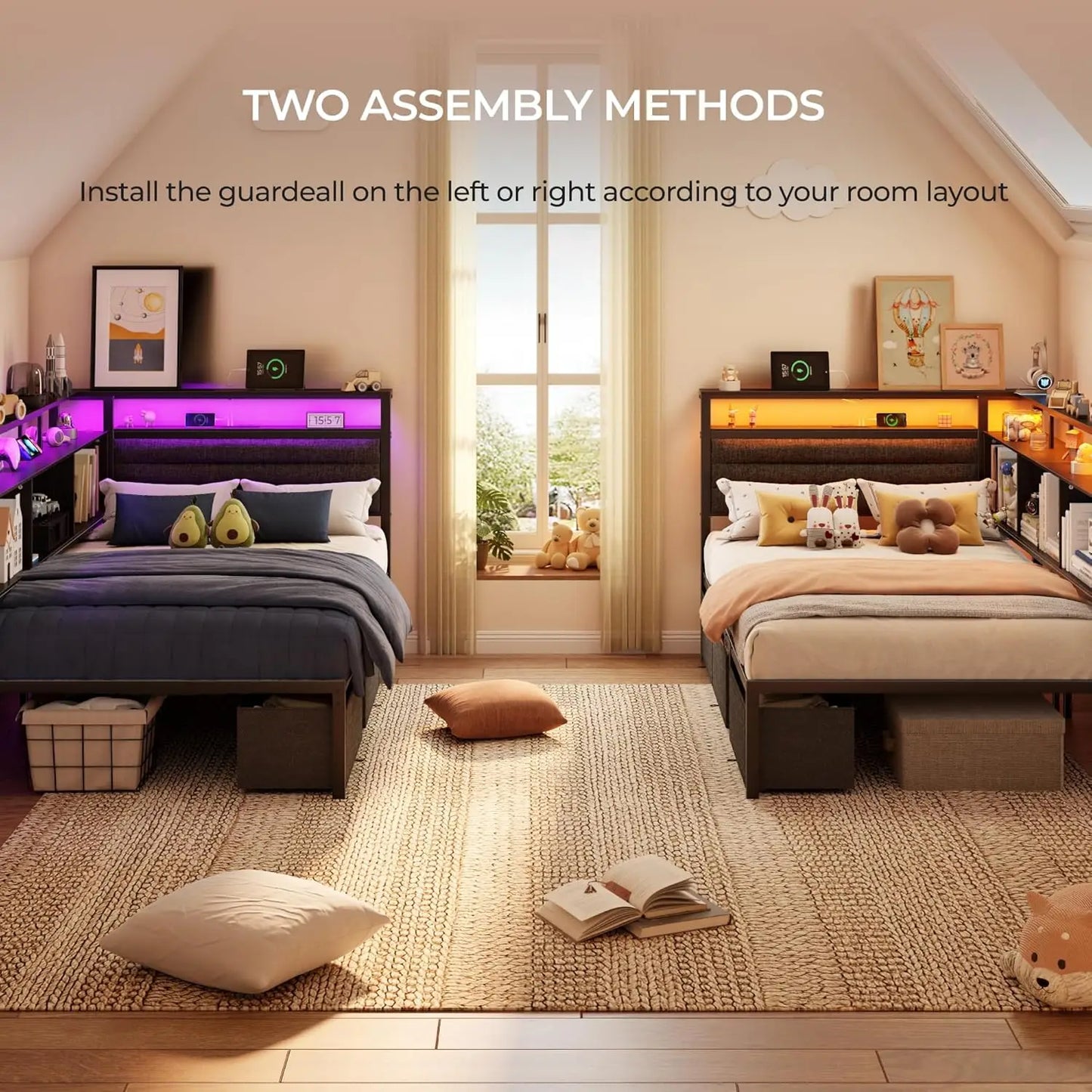 Corner Bed Frame With Storage Bookcase And LED Lights Headboard Charging Station