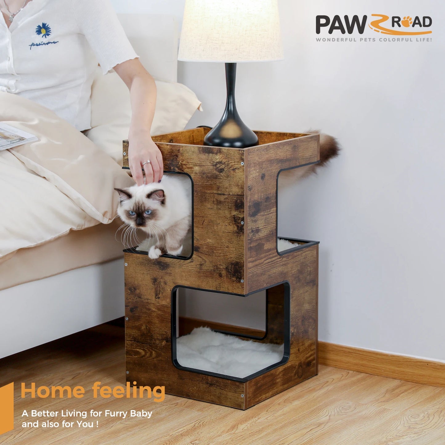 PAWZ Road Wood Cat Condo House Cat Tree With Removable Mats And Scratching Pad