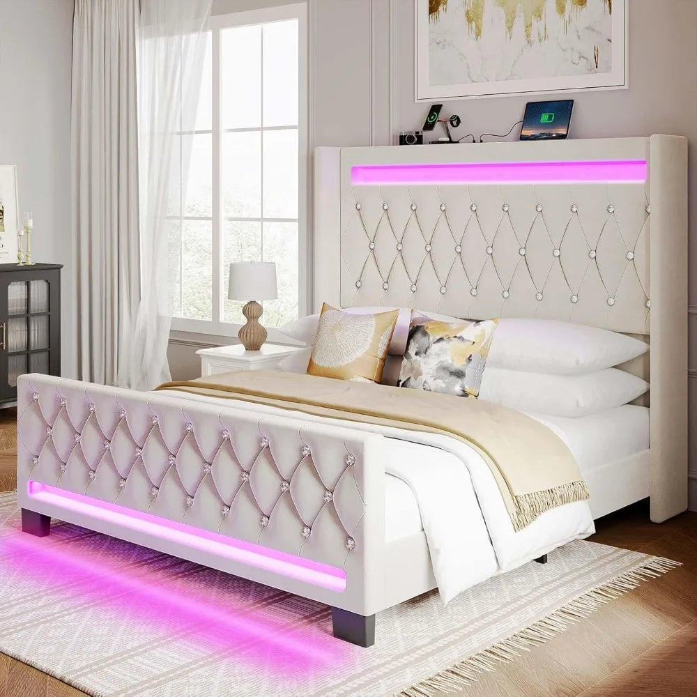 Luxury LED-Illuminated Queen Bed Frame with Upholstered Headboard and Footboard, Wood Slat Support, Silent Design
