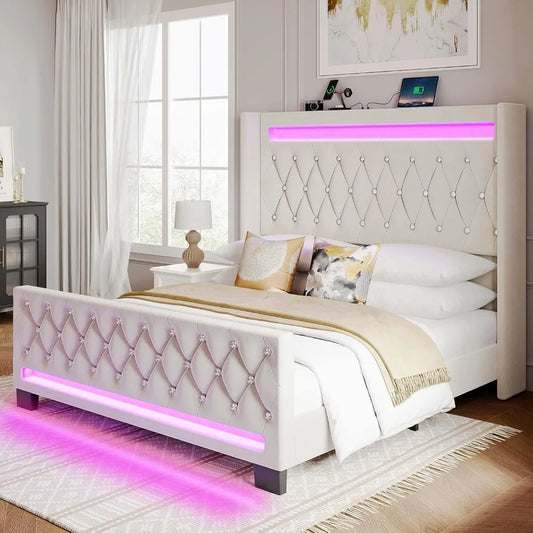 Luxury LED-Illuminated Queen Bed Frame with Upholstered Headboard and Footboard, Wood Slat Support, Silent Design