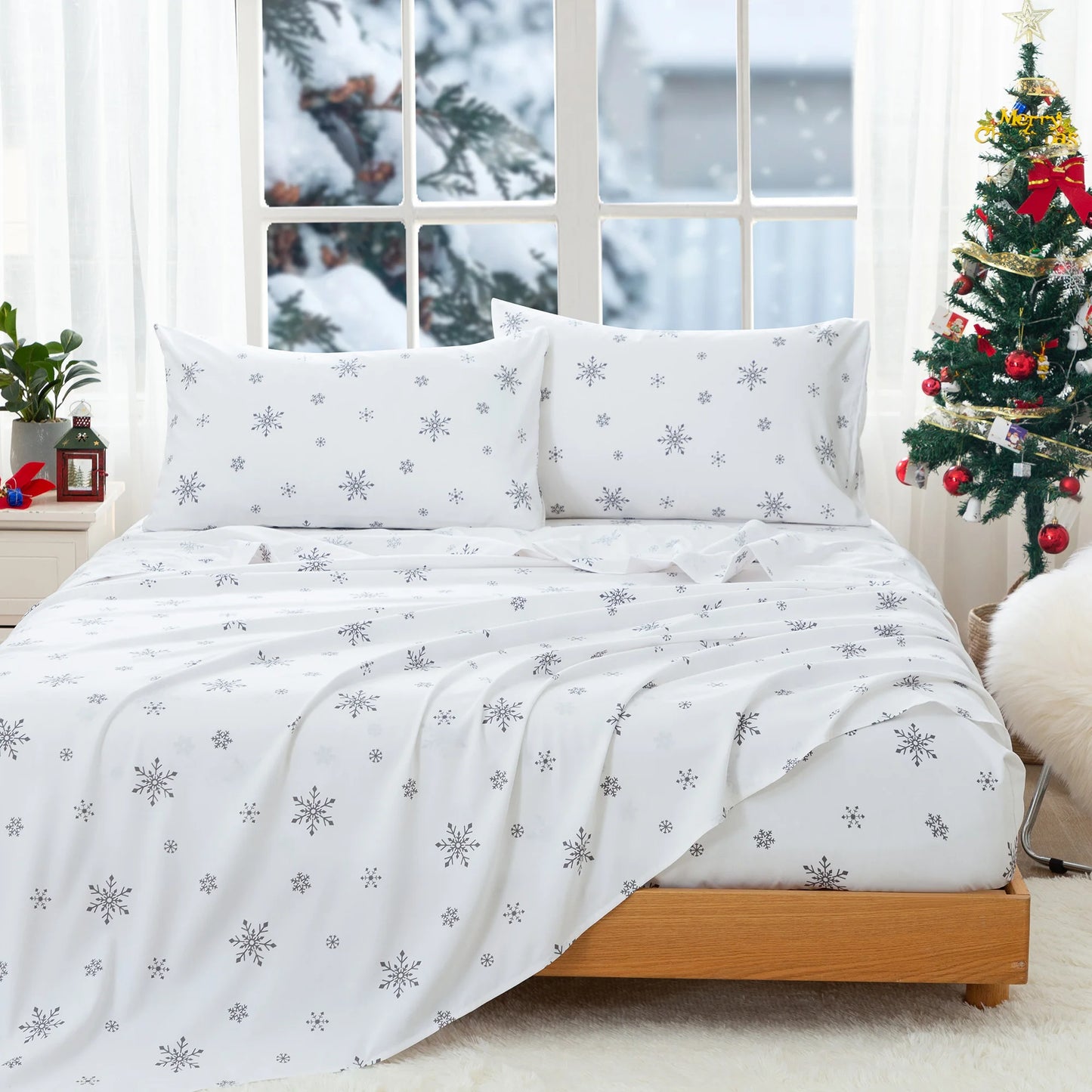 All Season Snowflakes Twin Queen Size Bedding Sets - Cute Snow Bed Sheet Sets Pillowcase 15 inch Pocket for Kids Boy Girl
