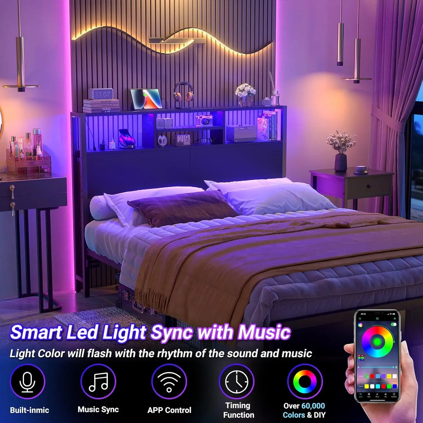 Bed Headboard With Storage Outlets USB LED Light Adjustable Height