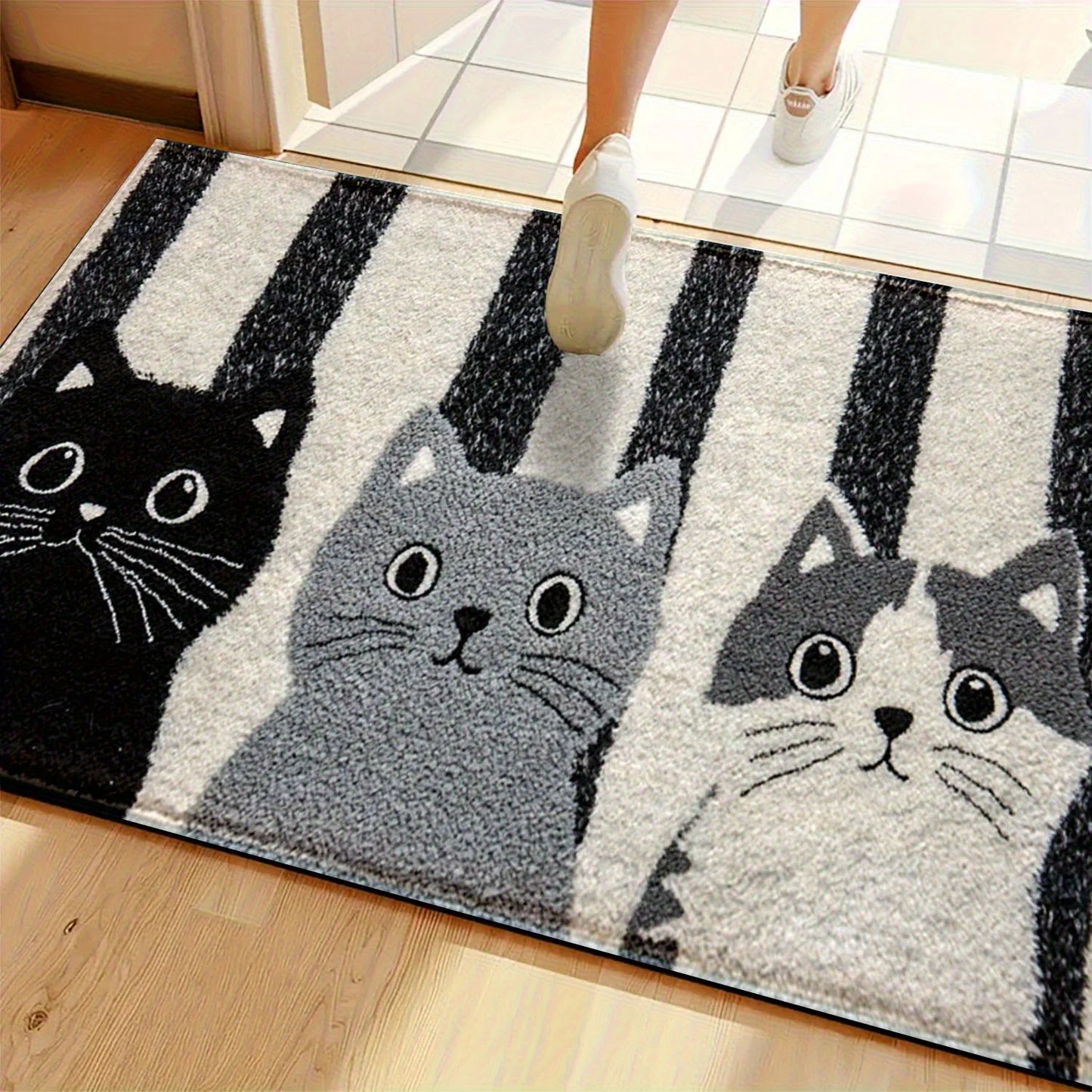 Striped Cartoon Cat Doormat Waterproof Floor Mat for Bedroom and Living Room