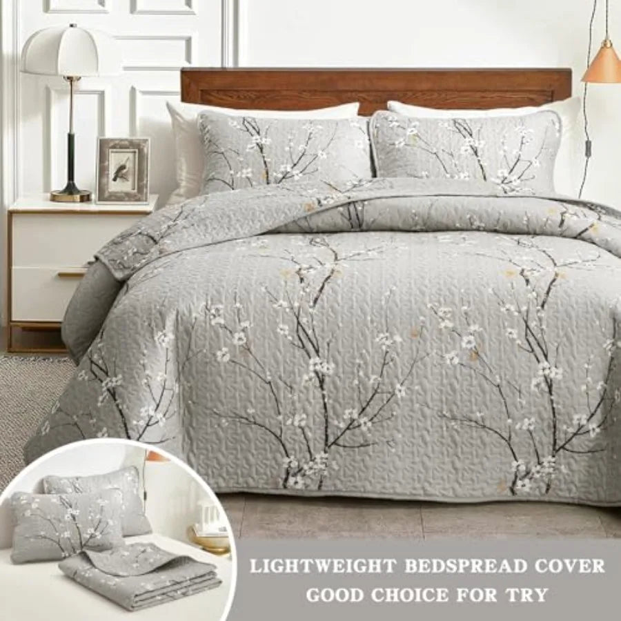 Three Piece Reversible Quilt Set 100 Percent Cotton Floral Branch Pattern
