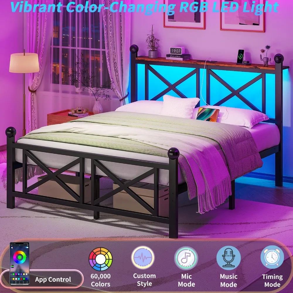 Sturdy Metal Bed Frame With LED Lighting And Charging Station