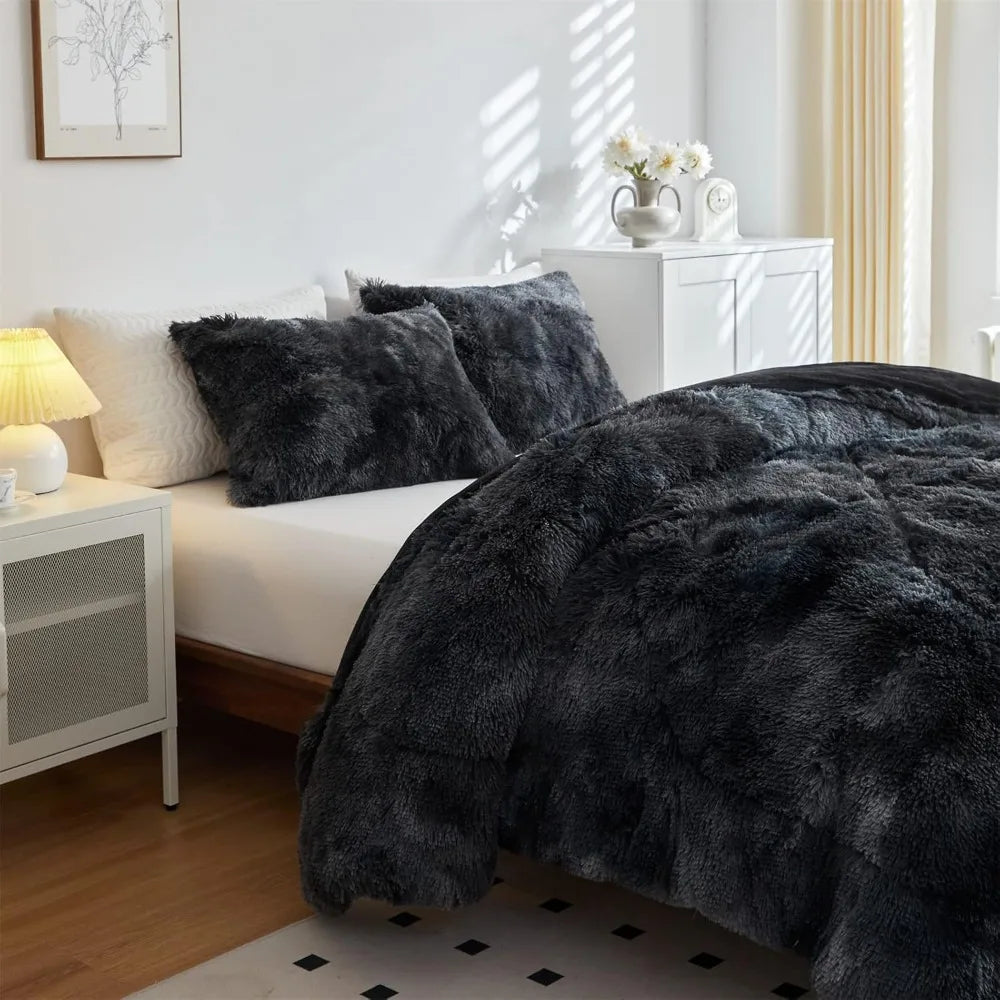 Faux Fur Plush Comforter Set Fluffy Shaggy Bedding 3 Piece