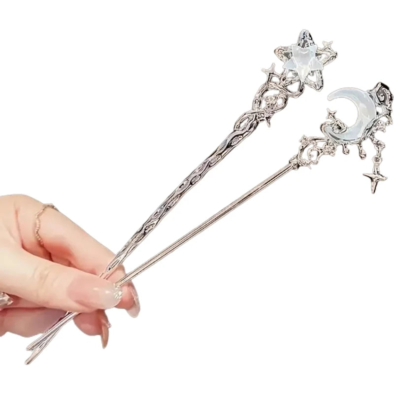 1/2pcs Romantic Moonstone Star and Moon Hair Sticks Chinese Style Cross Tassel Hairpin with Disk Design Elegant Hair Chopsticks
