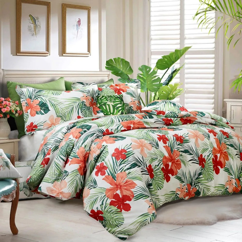 Tropical Hibiscus Duvet Cover Set 100 Cotton With Hidden Zipper